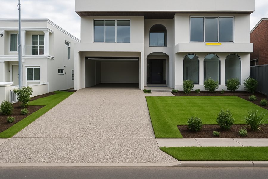 AI visual of a finished exposed aggregate driveway and landscaping